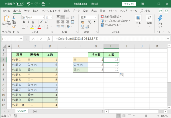 色付きのセルを計算した結果