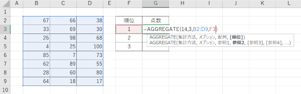 AGGREGATE関数の順位の指定