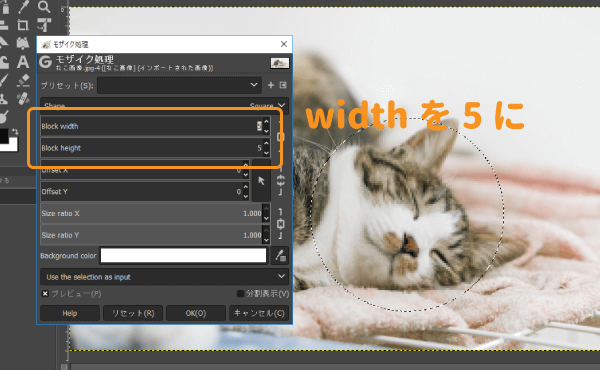 GIMPのモザイクメニューでwidthを5に