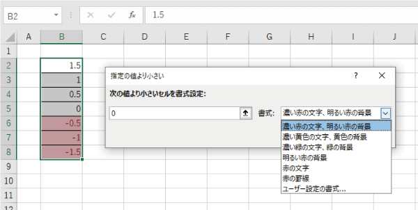 0未満の強調表示ルールを設定する