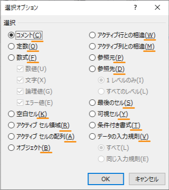 表示されているショートカットキーの例