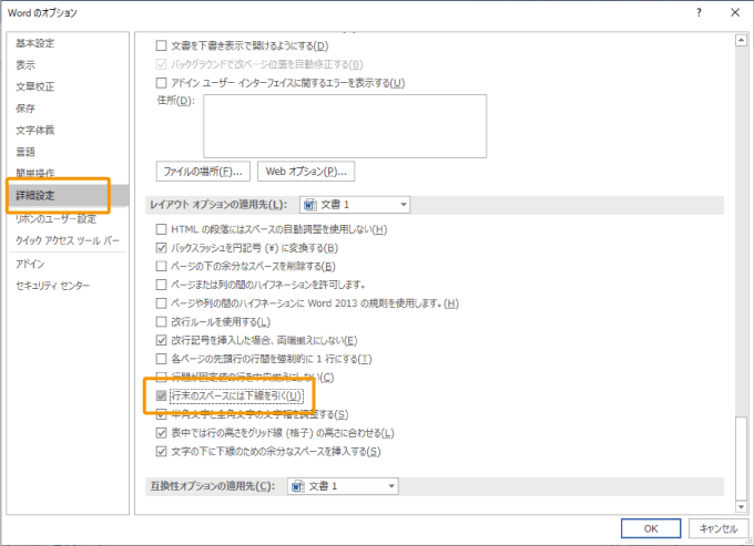 ワードで「行末のスペースには下線を引く」にチェックを入れる