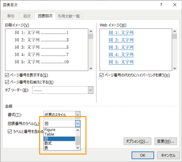 図表目次を挿入するラベルを選択してOKボタン